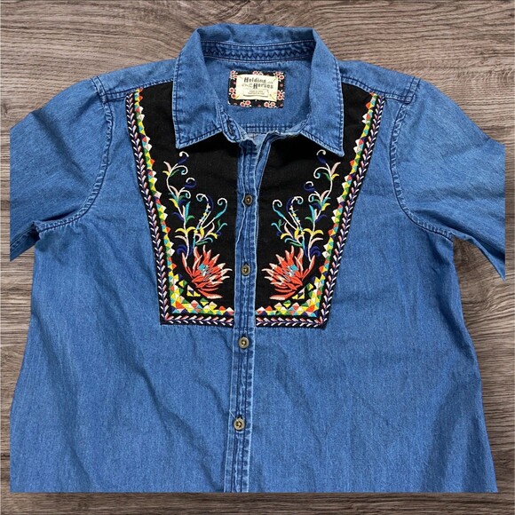 Holding Horses Women's 8 Anthropologie Embroidered Chambray Denim Tunic  Western - Picture 12 of 14